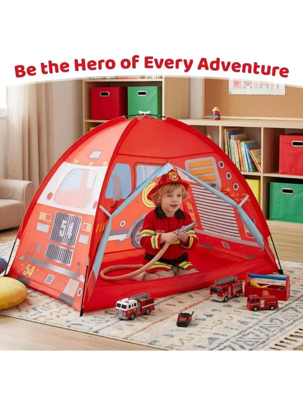 Twin Bed Tent Canopy - Red Fire Truck Play Tent for Kids, Foldable Pop Up Bed